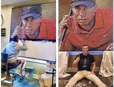 【168sports】美国一位艺术家用25000个高尔夫发球台创作老虎伍兹肖像壁画